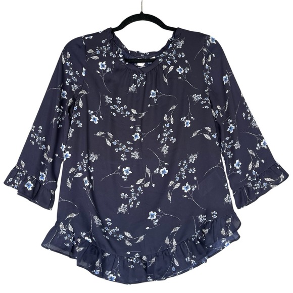 Gap‎ Shirt Womens XS Blue Floral Semi Sheer Ruffle Dark Feminine Romantic - Picture 1 of 8